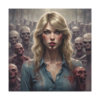 Zombie Swift Matte Canvas Print — Horror Wall Art, Blonde Survivor Surrounded by Undead