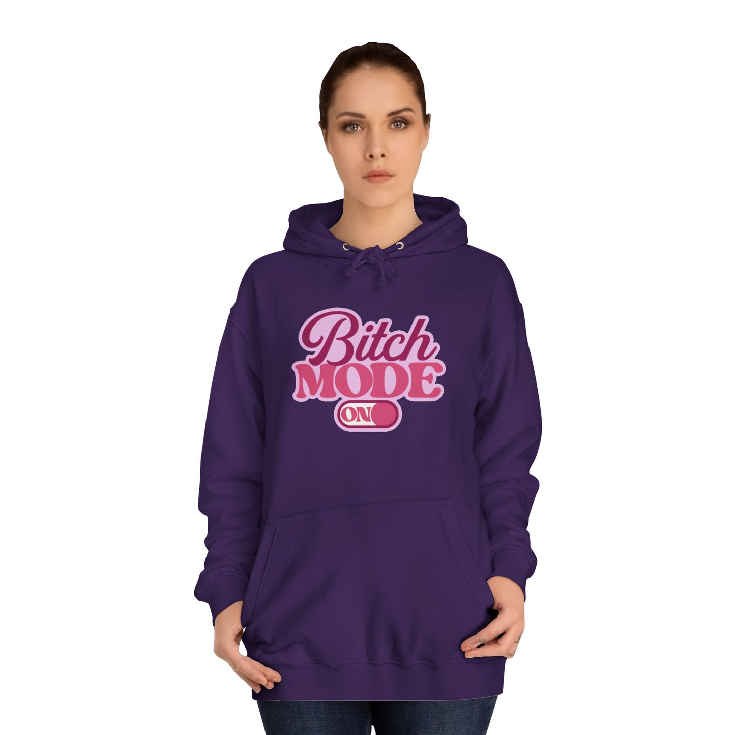 Bitch Mode On Hoodie — Bold Pink Retro Script Graphic Sweatshirt