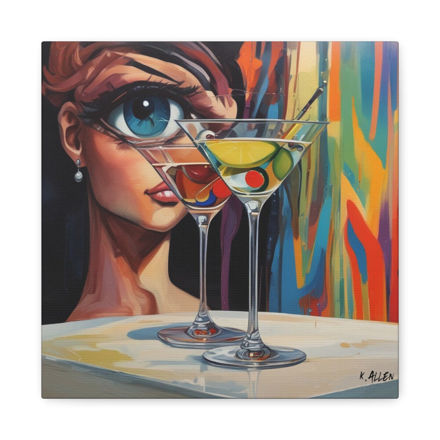 Pop Art Martini Canvas Wall Art — Colorful Woman & Cocktails Matte Stretched 1.25"