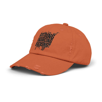 Distressed Dad Hat — "Feeding, Financing & F***ing" Bold Script Cap