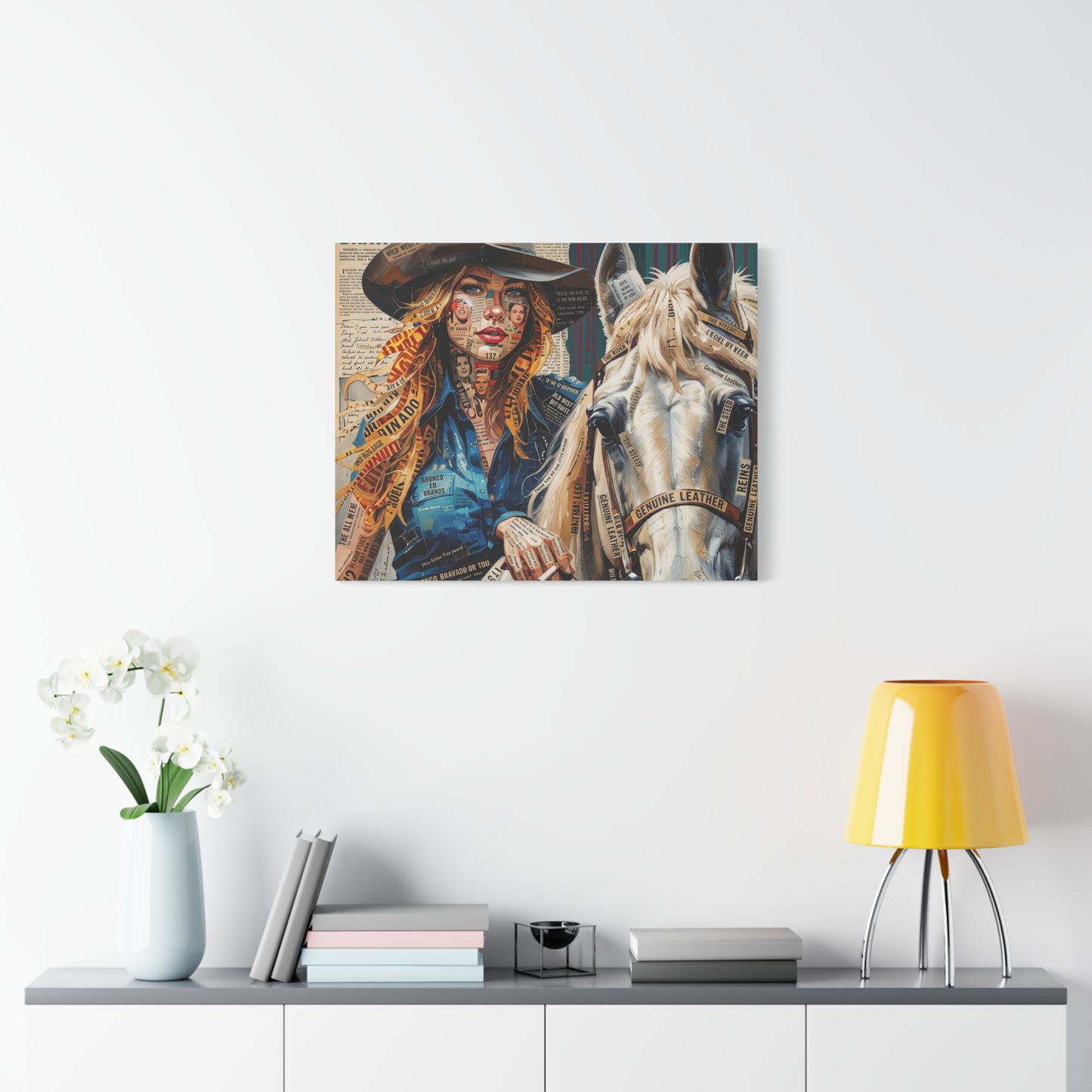 Cowgirl & Horse Collage Matte Canvas Print — Western Collage Art Wall Decor