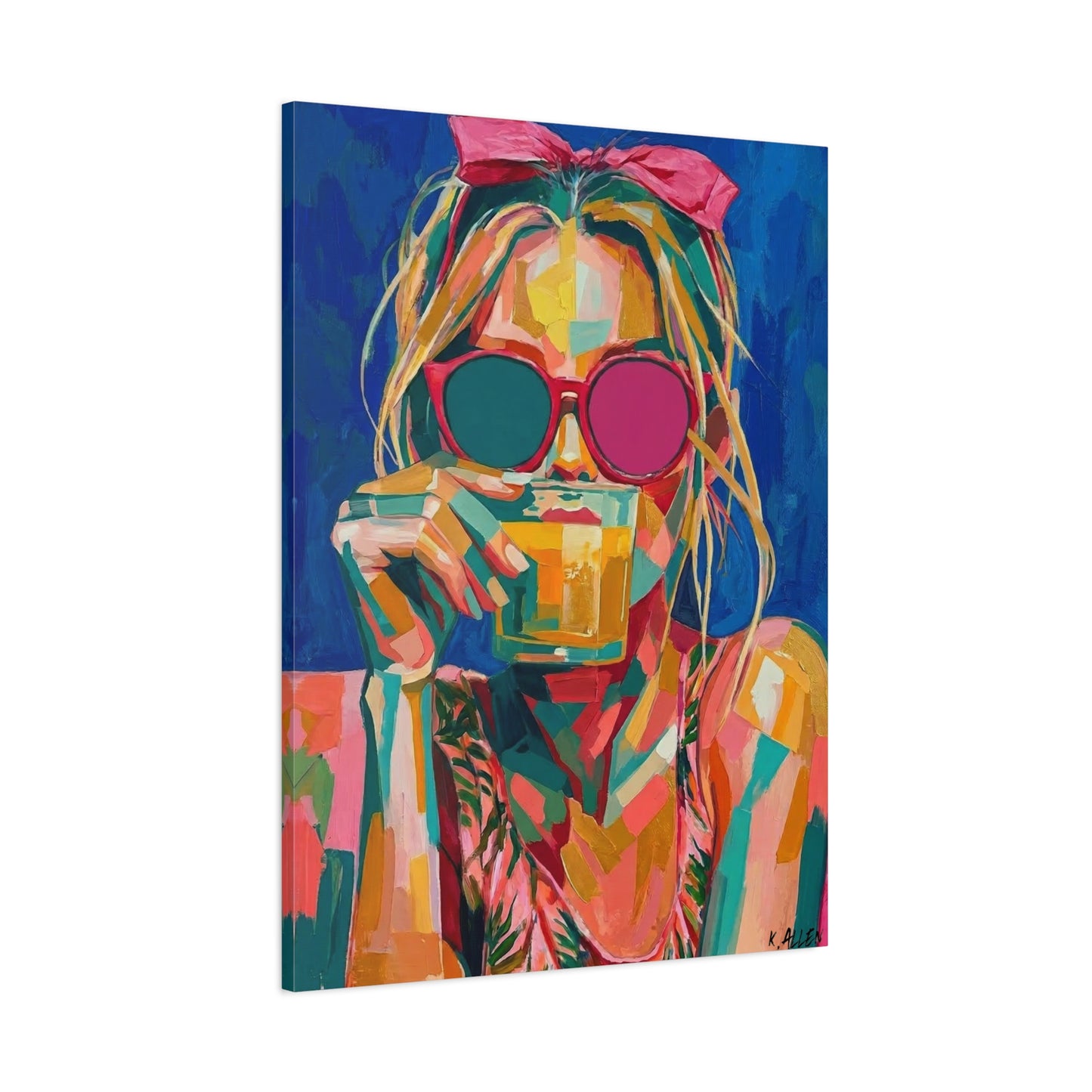 Colorful Pop Art Woman Drinking Canvas Wall Art - Blue
