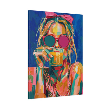 Colorful Pop Art Woman Drinking Canvas Wall Art - Blue