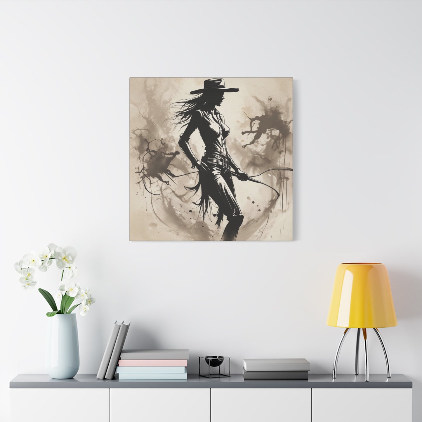 Cowgirl Silhouette Canvas Art – Western Whip Poster on Matte Stretched Canvas