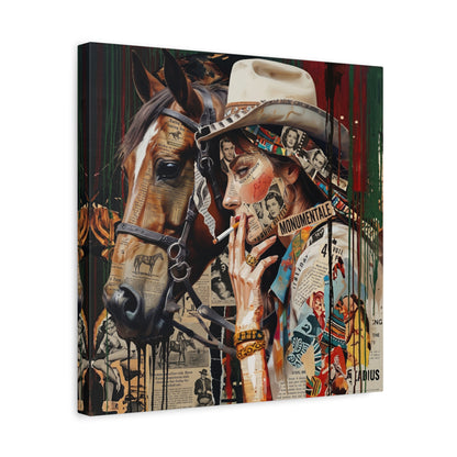 Western Collage Horse & Cowgirl Matte Canvas Wall Art - Stretched 1.25"