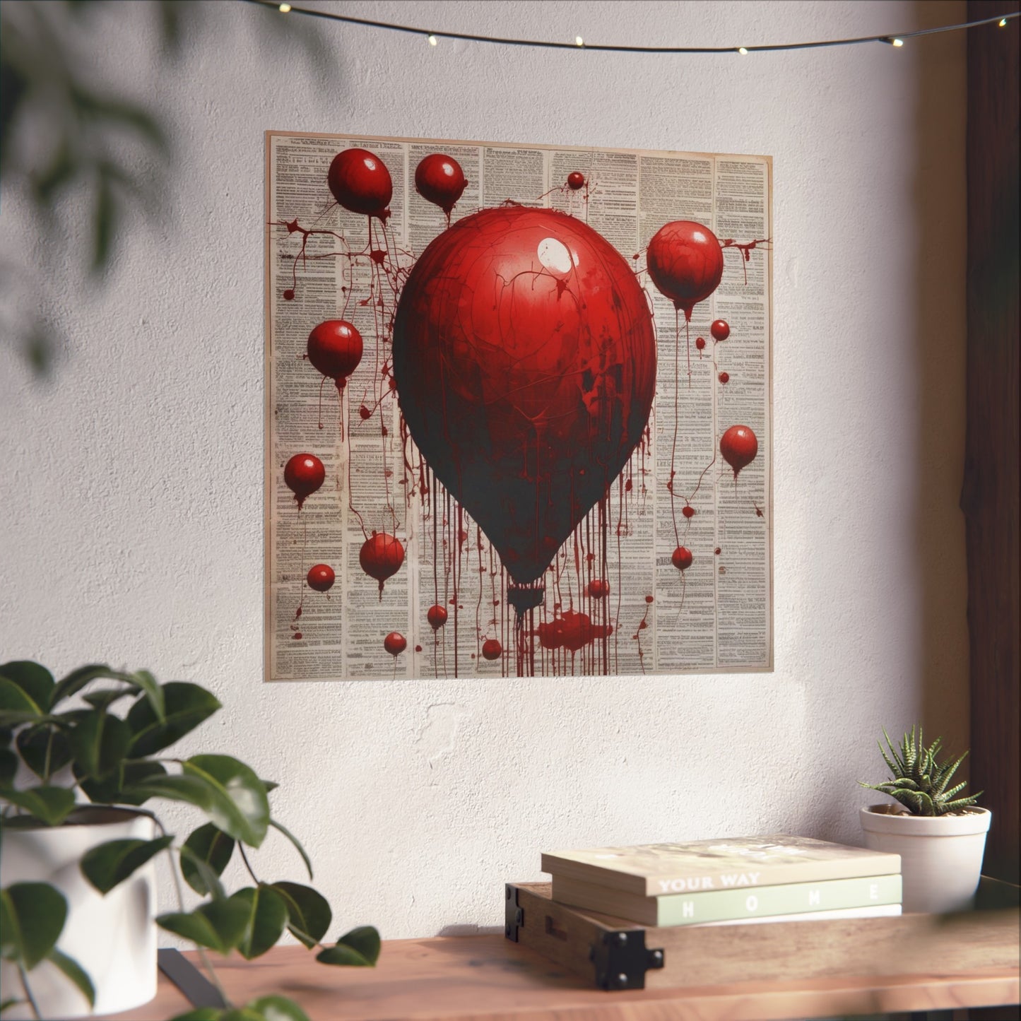 Fine Art Poster — Red Dripping Balloon on Vintage Book Pages