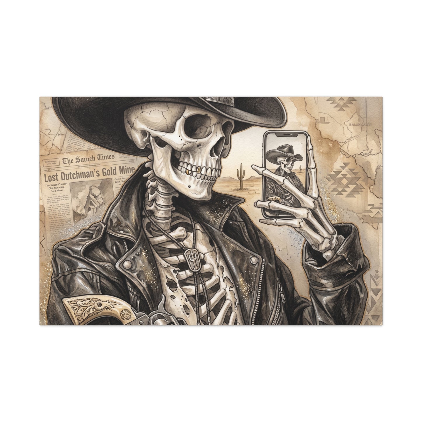 Skeleton Cowboy Canvas Print — Western Skull Selfie Wall Art (Matte Stretched)