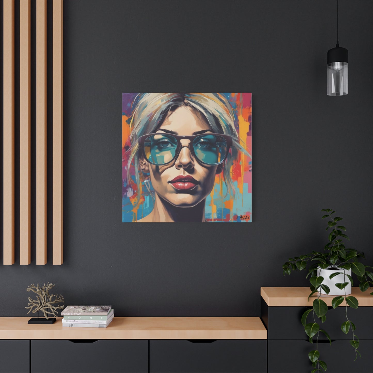 Pop Art Portrait Canvas — Blonde Woman with Blue Sunglasses Matte Stretched Art