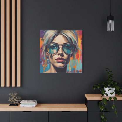 Pop Art Portrait Canvas — Blonde Woman with Blue Sunglasses Matte Stretched Art