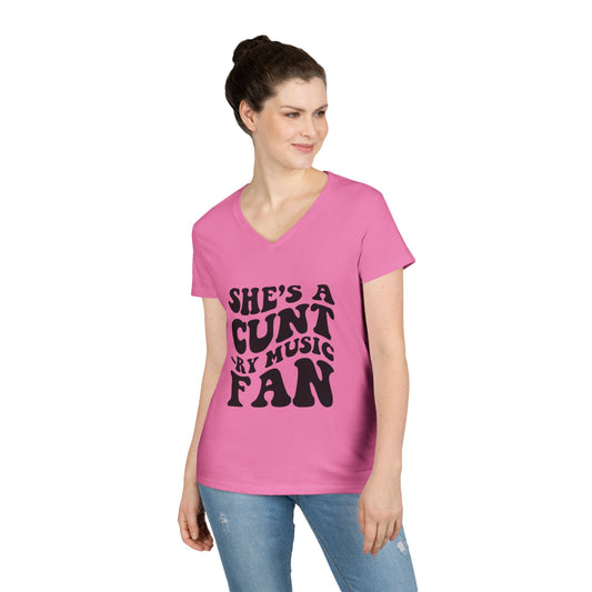 V-Neck T-Shirt — "She's a Cuntry Music Fan" Retro Typography Tee