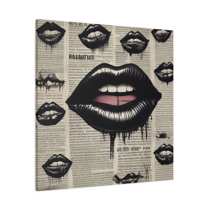 Black Drip Lips Canvas Wall Art — Vintage Newspaper Pop Art