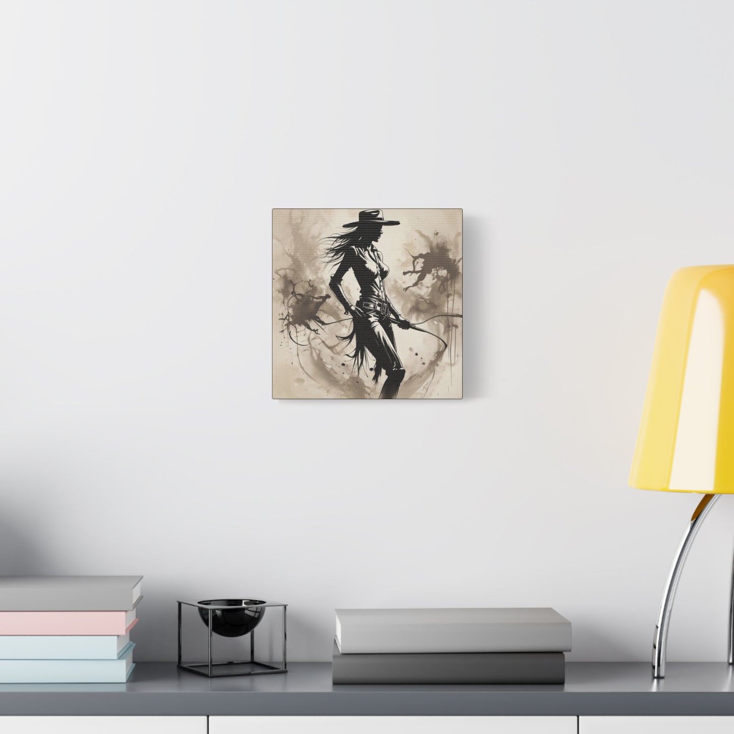 Cowgirl Silhouette Canvas Art – Western Whip Poster on Matte Stretched Canvas
