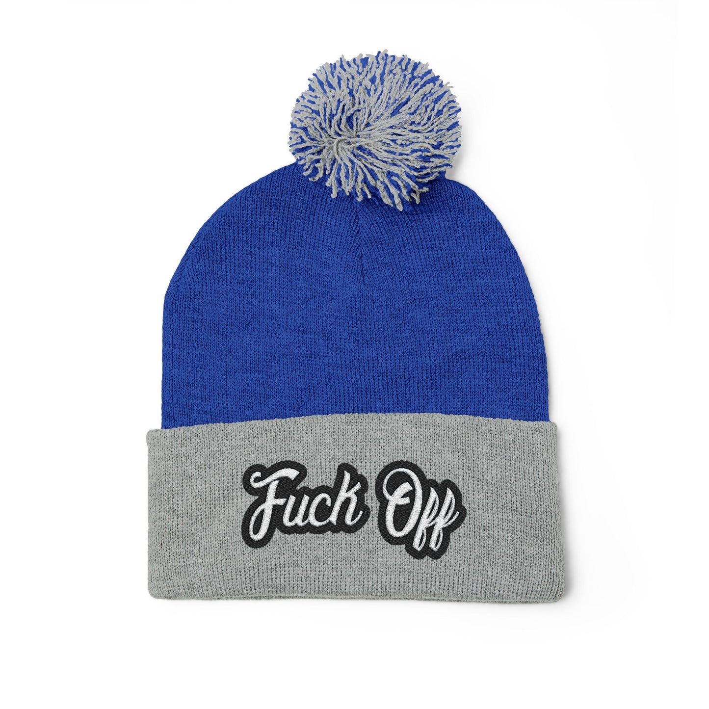 Embroidered 'Fuck Off' Pom-Pom Beanie - Knit Winter Hat