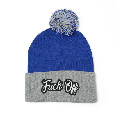 Embroidered 'Fuck Off' Pom-Pom Beanie - Knit Winter Hat