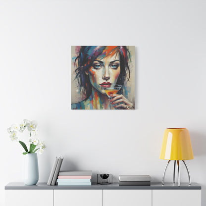 Colorful Femme Portrait Canvas — Martini Woman Stretched Wall Art