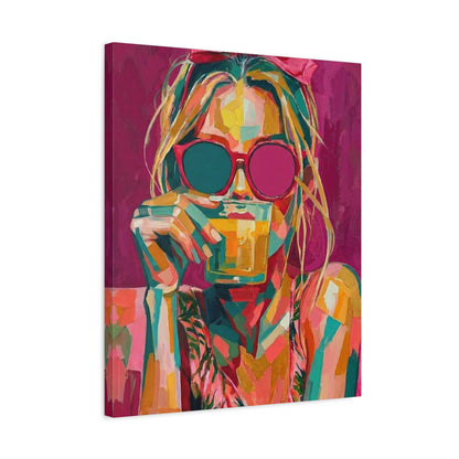 Pop Art Woman Drinking Coffee Canvas - Pink