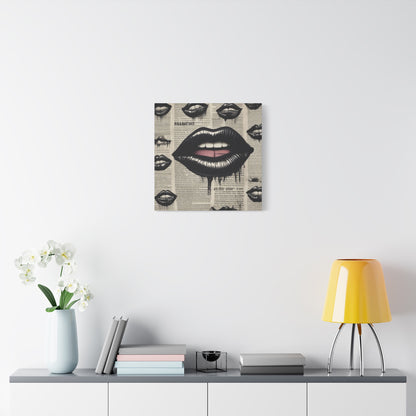 Black Drip Lips Canvas Wall Art — Vintage Newspaper Pop Art