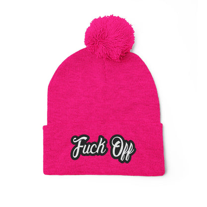 Embroidered 'Fuck Off' Pom-Pom Beanie - Knit Winter Hat