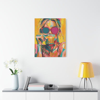 Colorful Pop Art Woman Drinking Canvas Wall Art