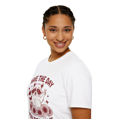 Have The Day You Deserve Raccoon T-Shirt — Positive Message Tee with Sunflowers
