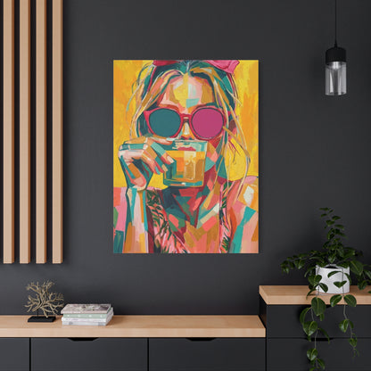 Colorful Pop Art Woman Drinking Canvas Wall Art