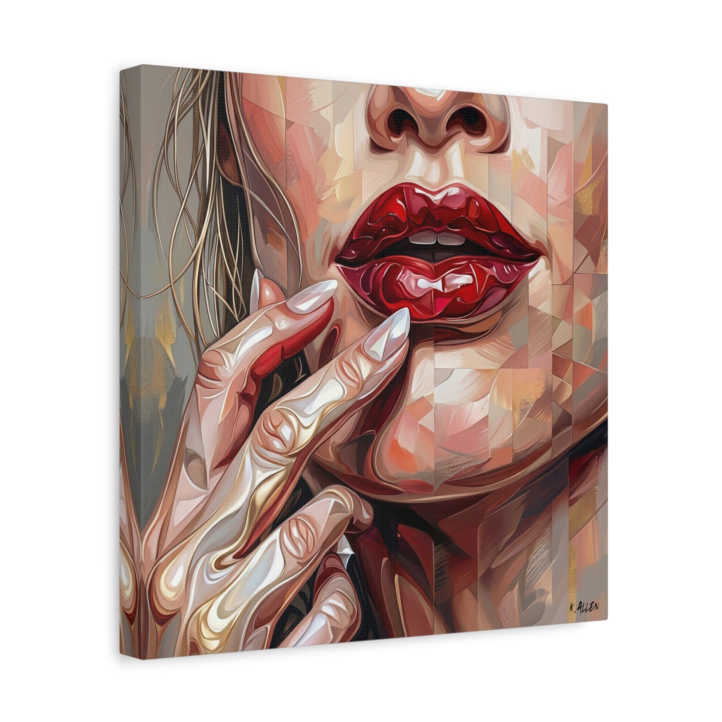 Glam Portrait Canvas Print — Red Lips & Painted Hands Matte Stretched Wall Art