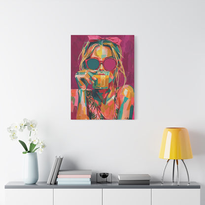 Pop Art Woman Drinking Coffee Canvas - Pink