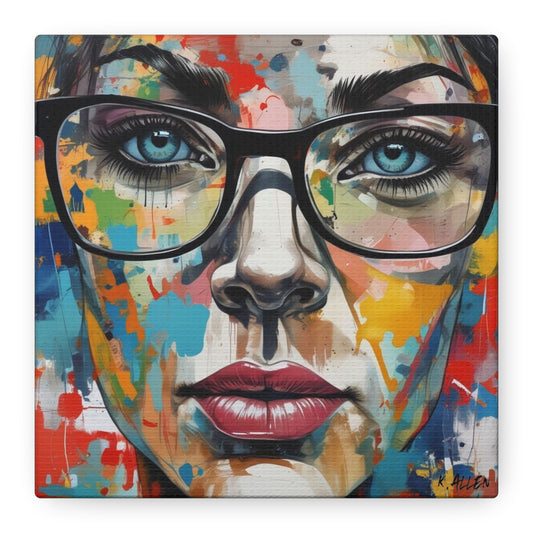 Colorful Woman Portrait Canvas Art — Modern Pop Face with Glasses, Stretched Matte Wall Décor