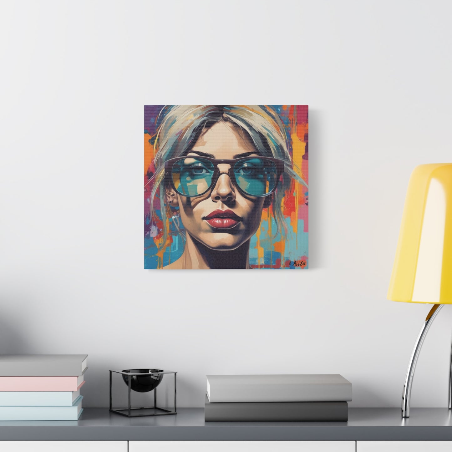 Pop Art Portrait Canvas — Blonde Woman with Blue Sunglasses Matte Stretched Art