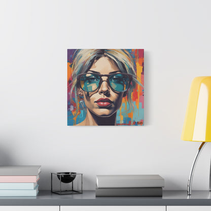 Pop Art Portrait Canvas — Blonde Woman with Blue Sunglasses Matte Stretched Art