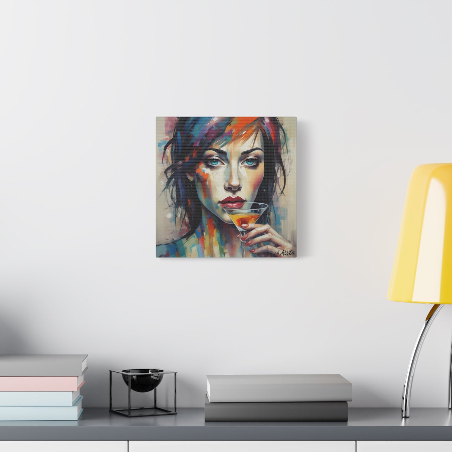 Colorful Femme Portrait Canvas — Martini Woman Stretched Wall Art