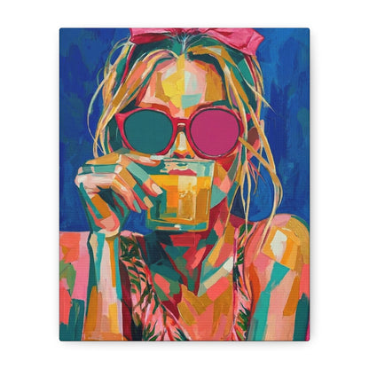 Colorful Pop Art Woman Drinking Canvas Wall Art - Blue
