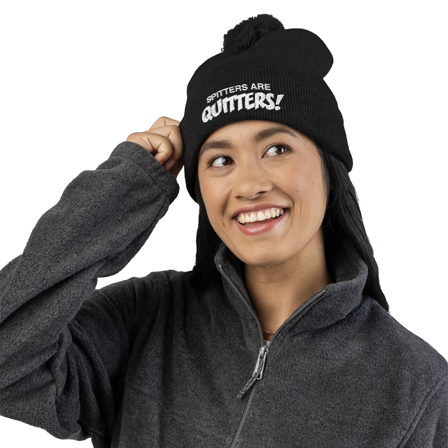 Embroidered Pom-Pom Beanie — "Spitters Are Quitters!" Cozy Winter Hat