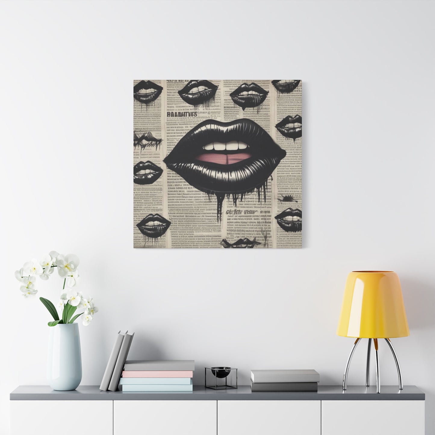 Black Drip Lips Canvas Wall Art — Vintage Newspaper Pop Art