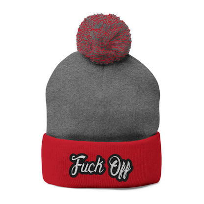 Embroidered 'Fuck Off' Pom-Pom Beanie - Knit Winter Hat