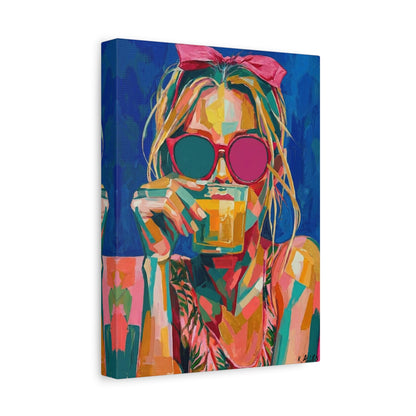Colorful Pop Art Woman Drinking Canvas Wall Art - Blue