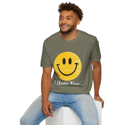 Funny 'I Hate You' Smiley T-Shirt — Retro Distressed Yellow Smiley Tee