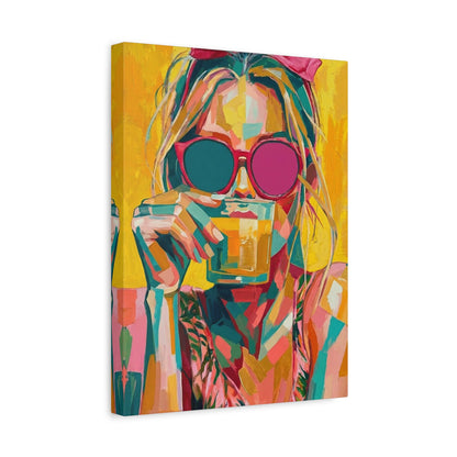 Colorful Pop Art Woman Drinking Canvas Wall Art