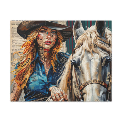 Cowgirl & Horse Collage Matte Canvas Print — Western Collage Art Wall Decor