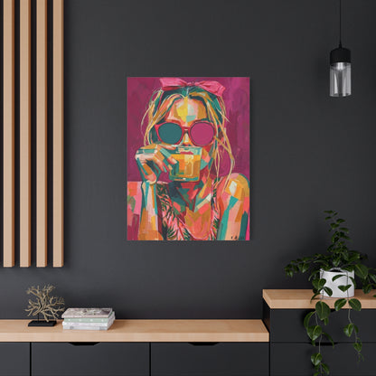 Pop Art Woman Drinking Coffee Canvas - Pink
