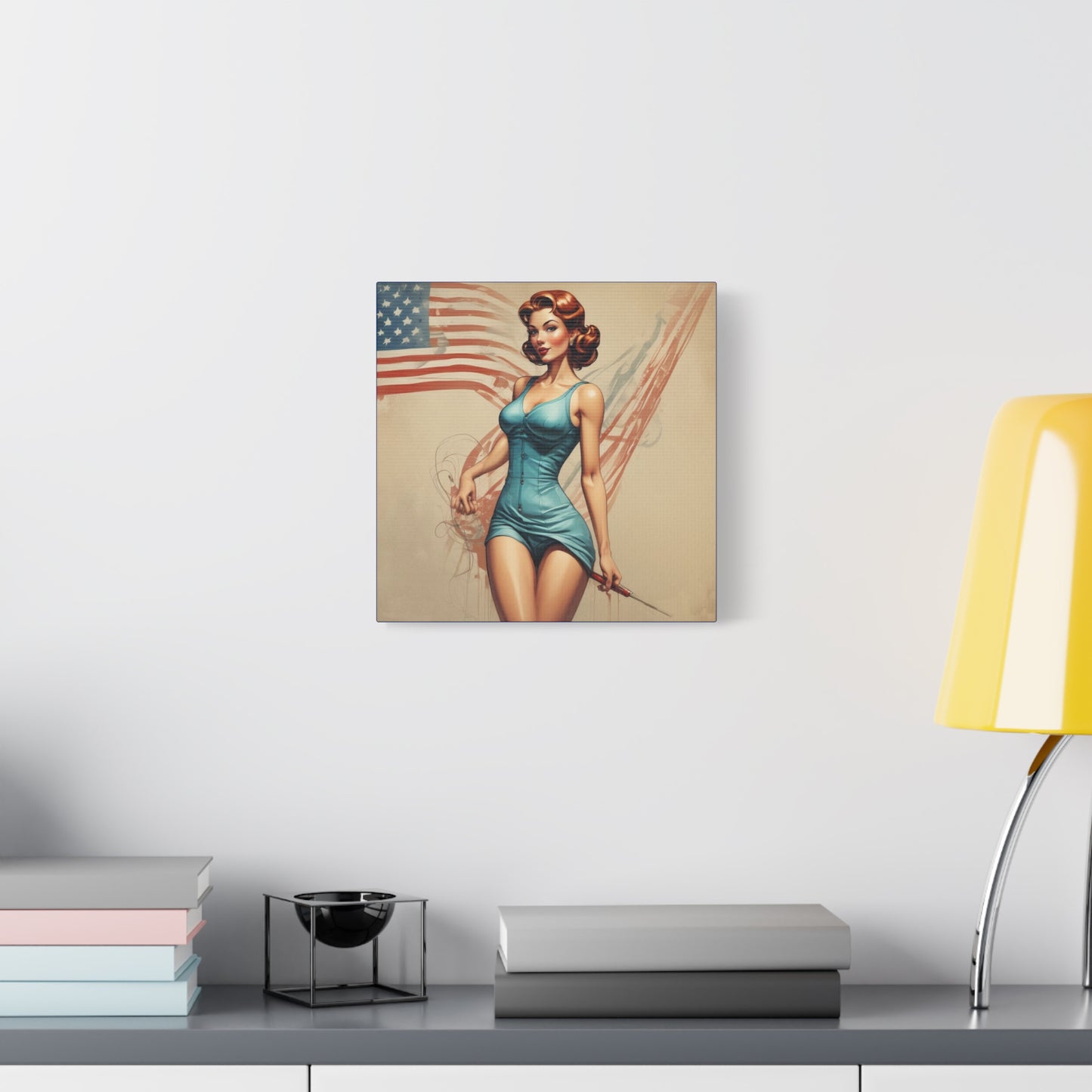 Retro Pin-Up Canvas Wall Art — Vintage American Flag Pinup Matte Stretched 1.25"