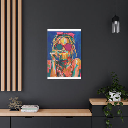 Colorful Pop Art Woman Drinking Canvas Wall Art - Blue