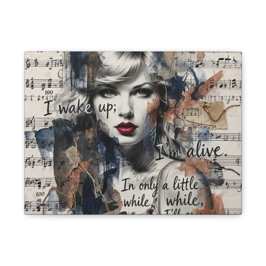 Swift Inspired Matte Stretched Canvas – "I Wake Up; I’m Alive" Mixed-Media Portrait Wall Art