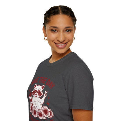 Have The Day You Deserve Raccoon T-Shirt — Positive Message Tee with Sunflowers