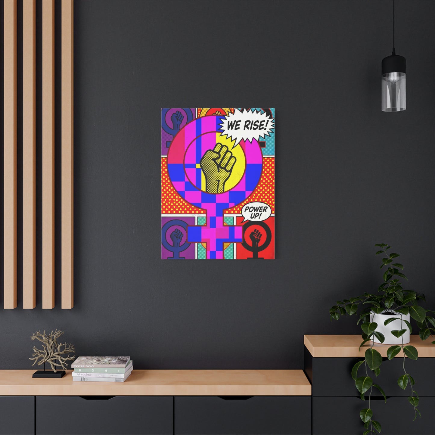 Feminist Pop Art Canvas — "We Rise!" Stretched Matte Wall Art