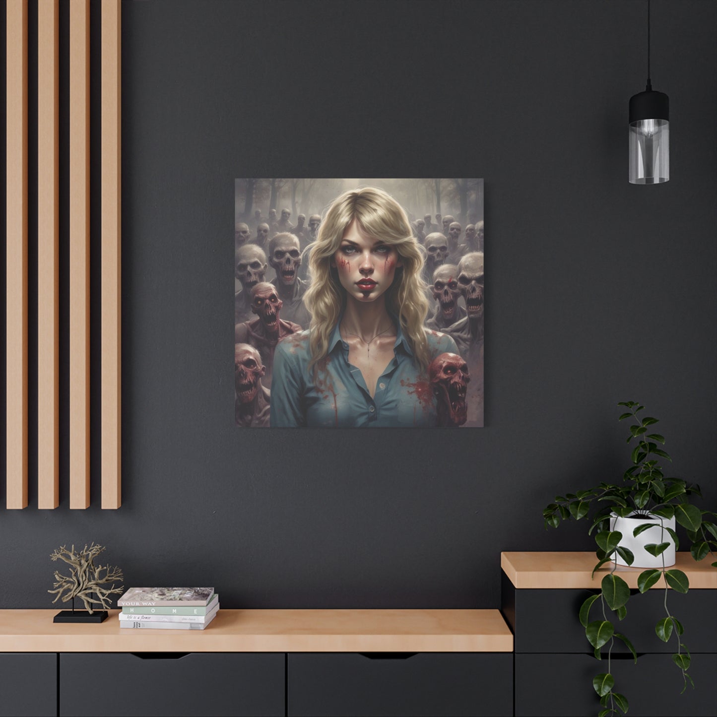 Zombie Swift Matte Canvas Print — Horror Wall Art, Blonde Survivor Surrounded by Undead