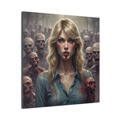 Zombie Swift Matte Canvas Print — Horror Wall Art, Blonde Survivor Surrounded by Undead