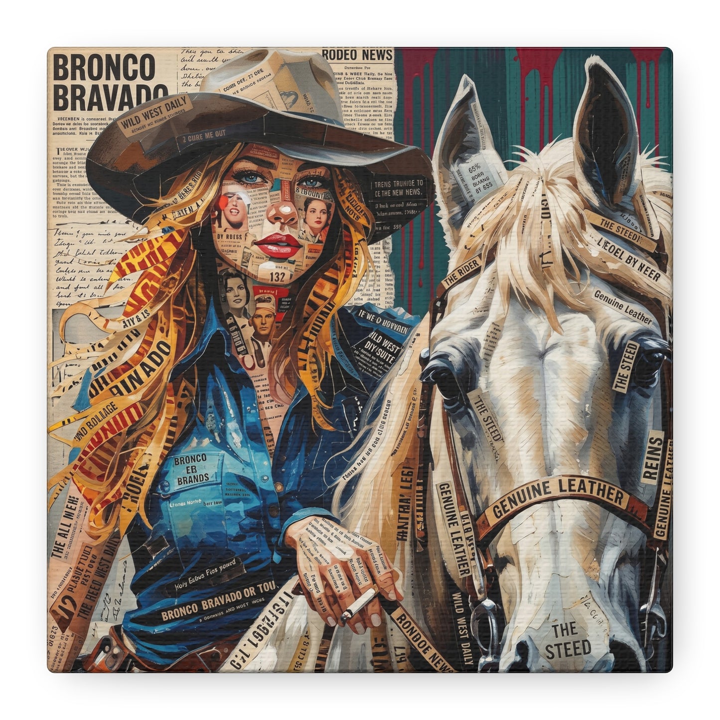 Cowgirl & Horse Collage Matte Canvas Print — Western Collage Art Wall Decor