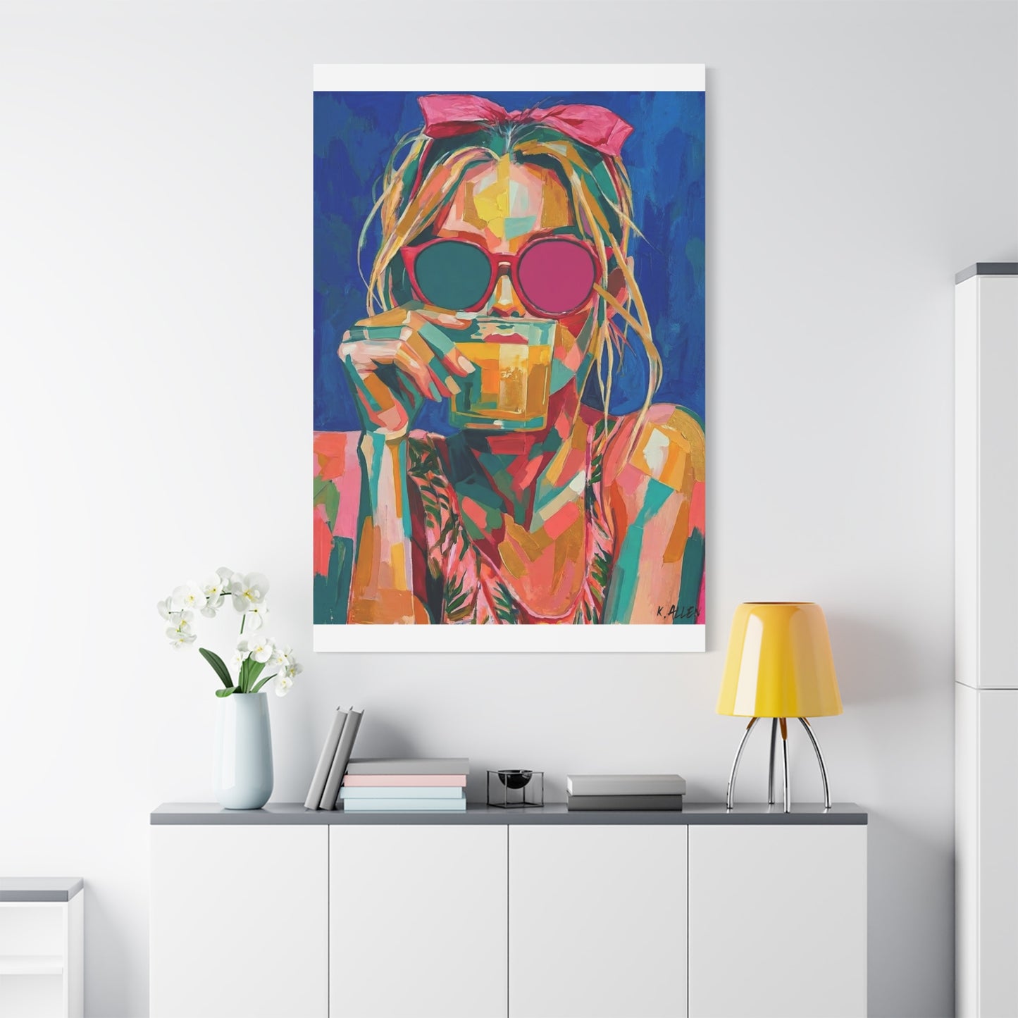 Colorful Pop Art Woman Drinking Canvas Wall Art - Blue
