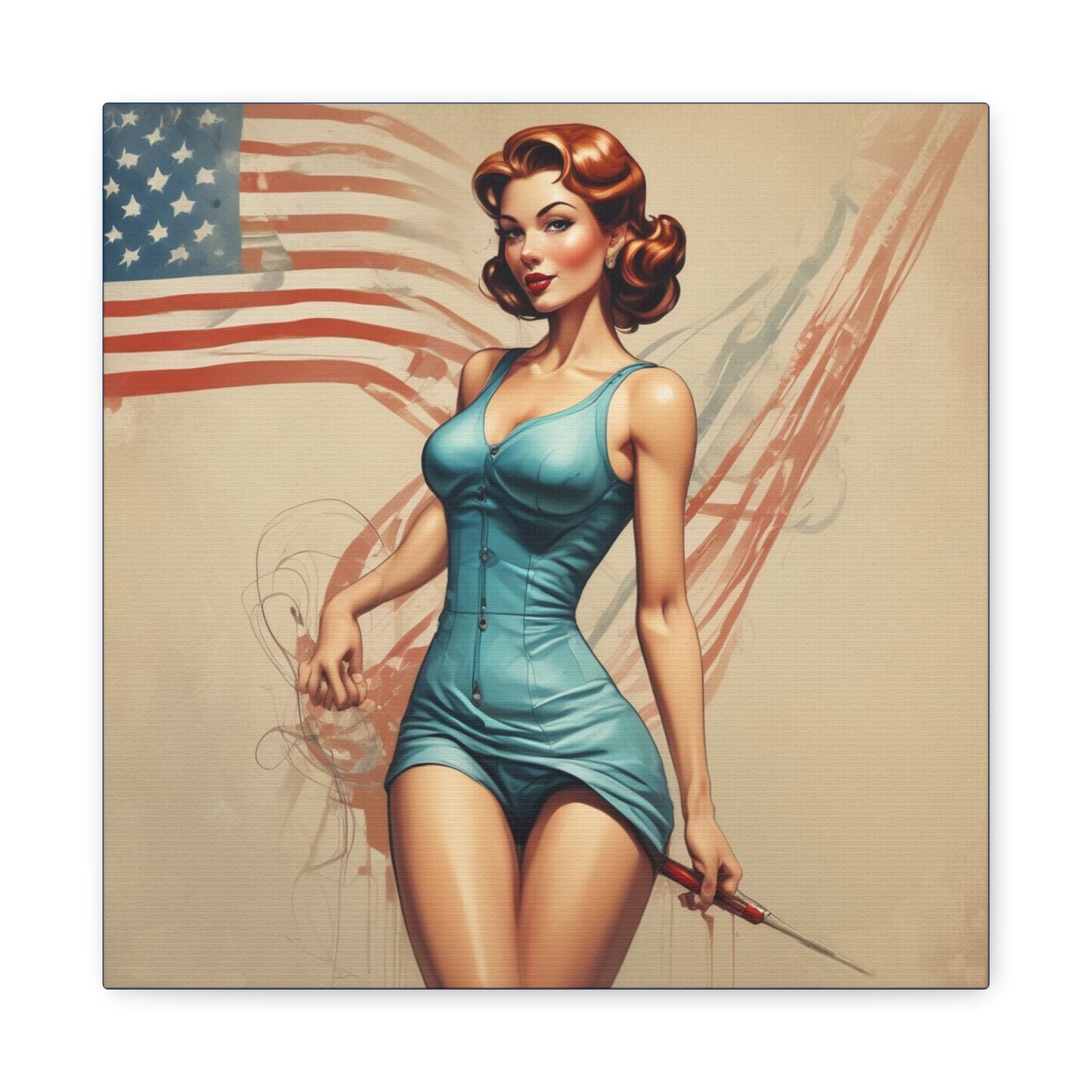 Retro Pin-Up Canvas Wall Art — Vintage American Flag Pinup Matte Stretched 1.25"